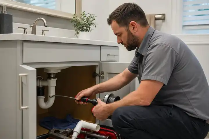 Plumber clearing a bathroom sink drain
