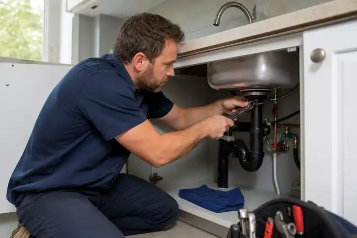 Plumber working on pipes beneath a kitchen sink